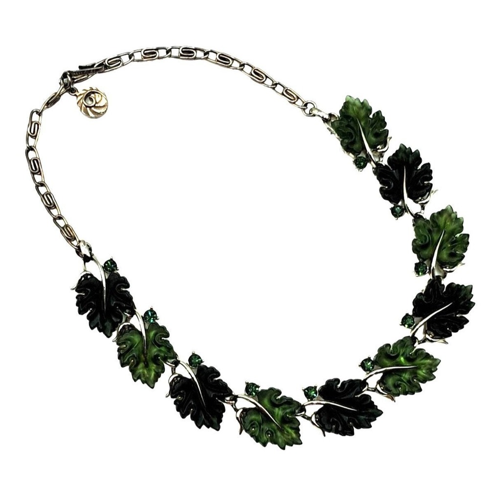 Vintage Lisner Rhinestone Lucite Necklace Green Molded Leaves Jewelry - Picture 9 of 9